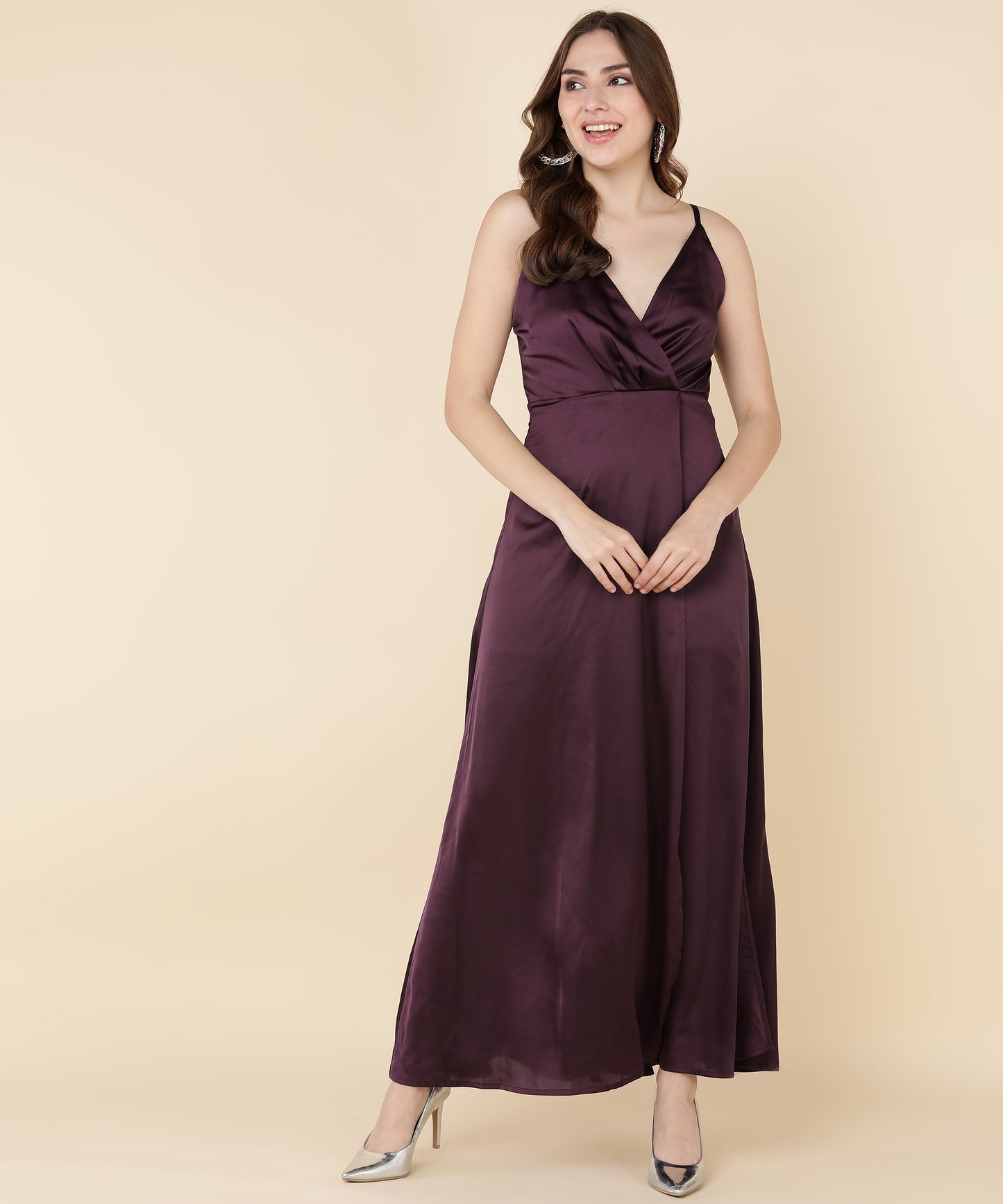 Glam Maroon Satin Wrap Gown Dress for Evening Party