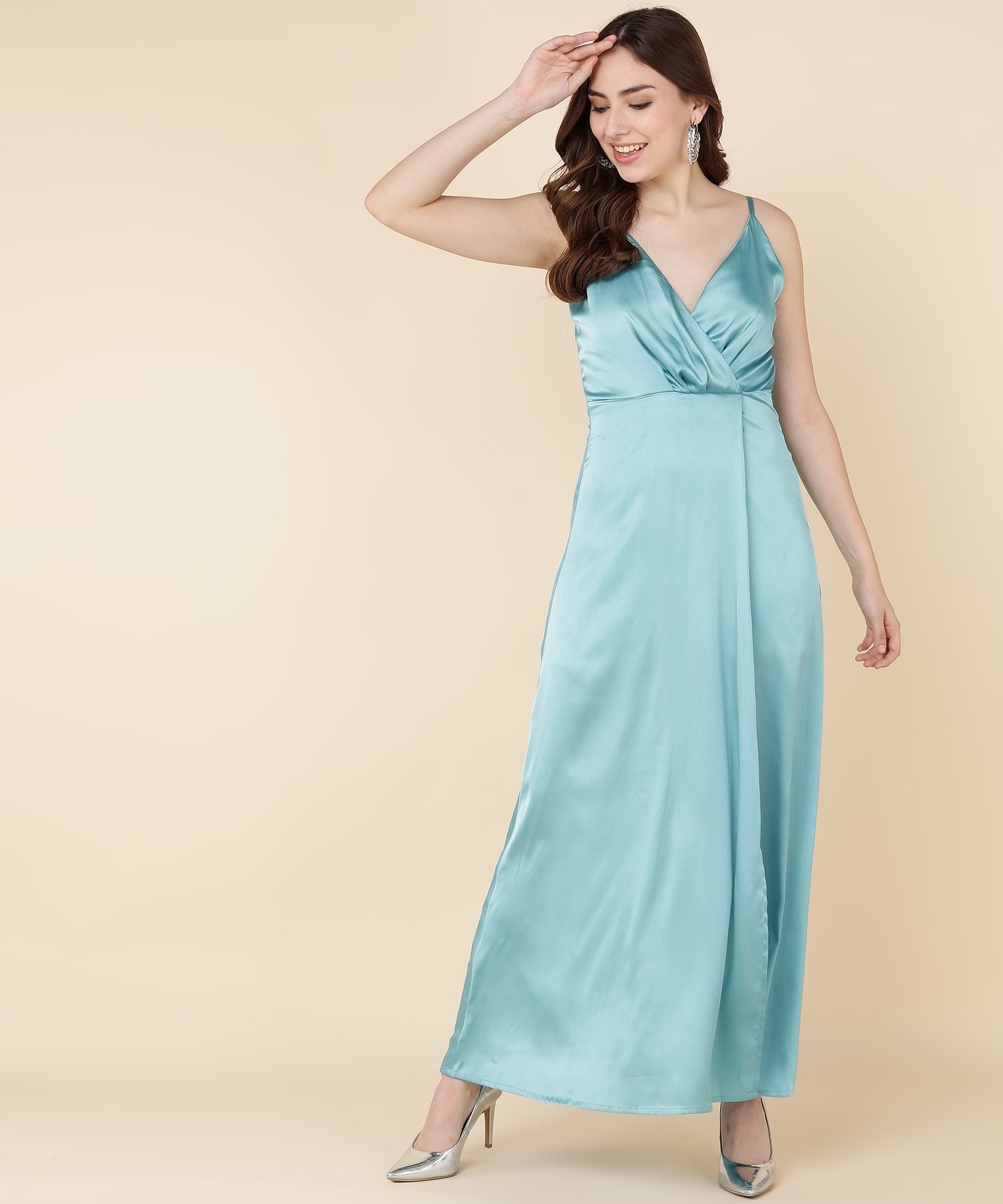 Glam Blue Satin Wrap Gown Dress for Evening Party