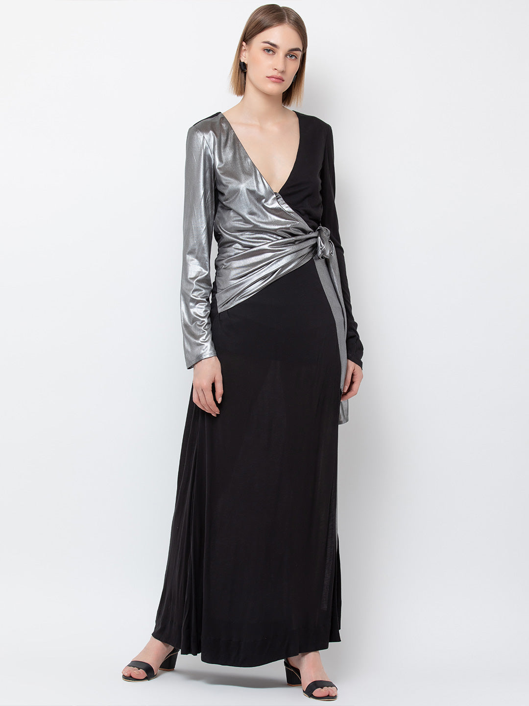 Black and Silver Metallic Wrap Maxi Dress with Deep V-Neck and Long Sleeves