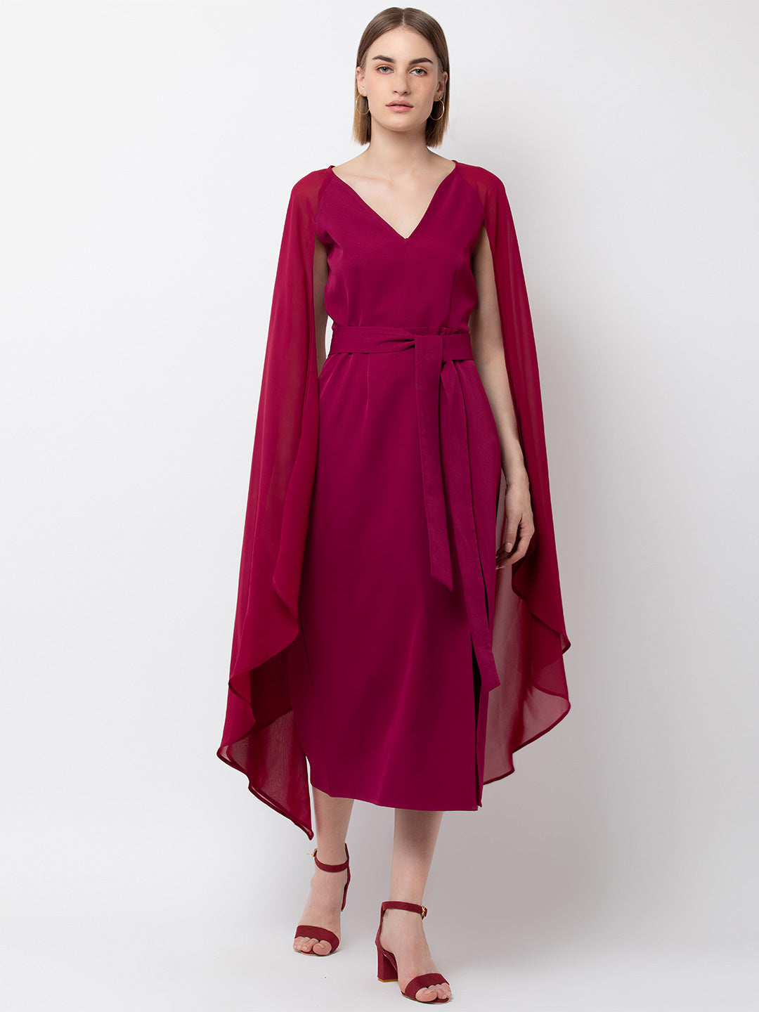 Magenta Cape Sleeve Midi Dress for Women | Elegant V-Neck Belted Dress