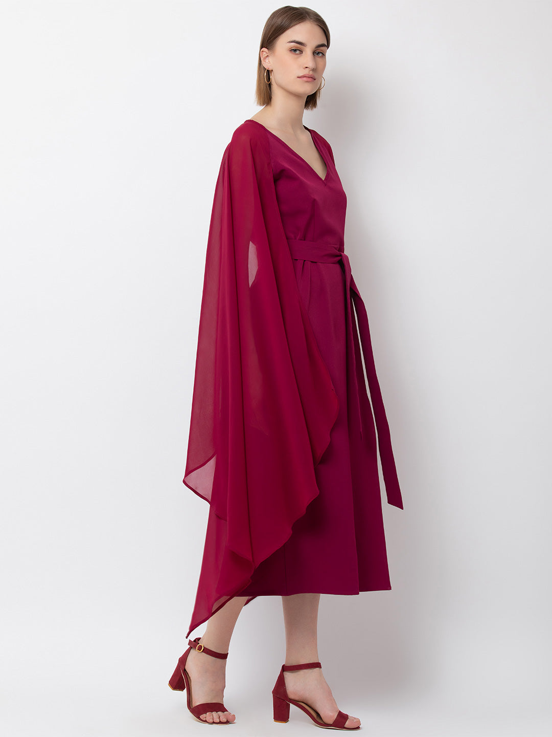 Magenta Cape Sleeve Midi Dress for Women | Elegant V-Neck Belted Dress