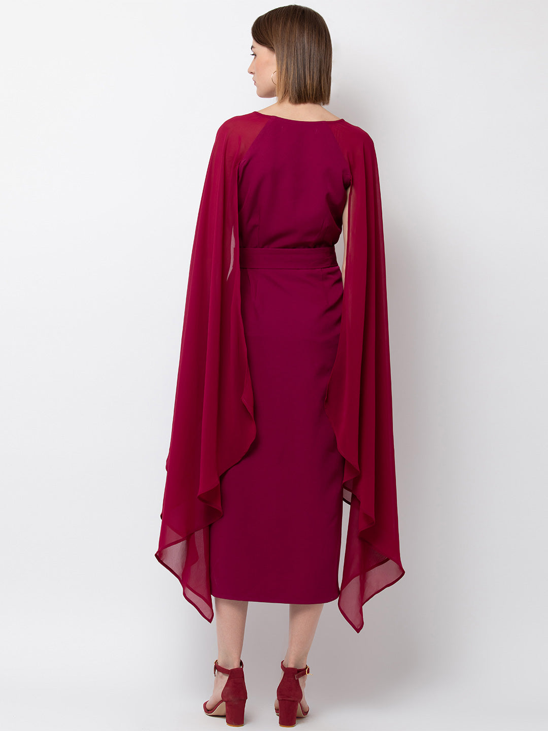 Magenta Cape Sleeve Midi Dress for Women | Elegant V-Neck Belted Dress
