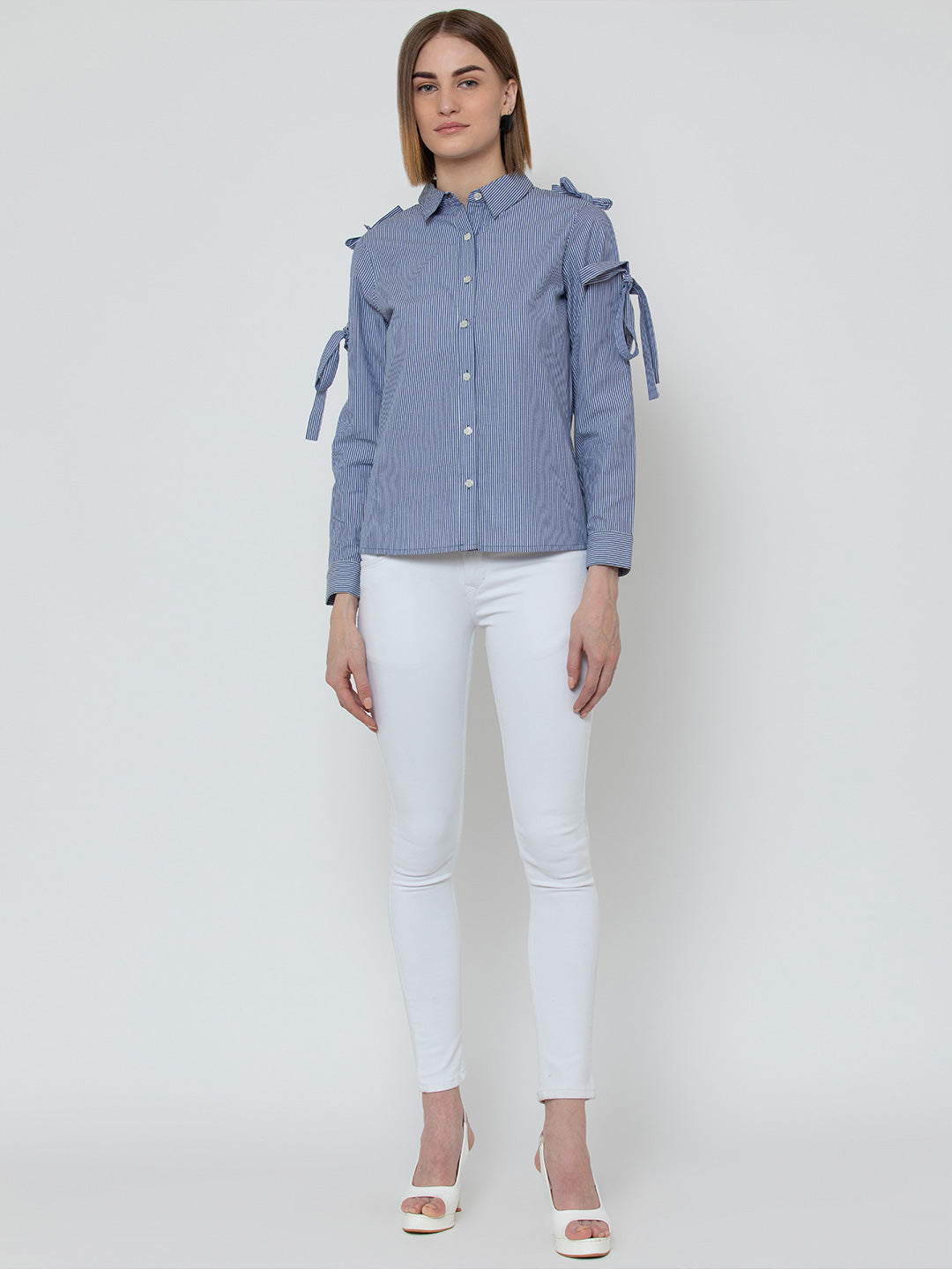 Blue Striped Cold Shoulder Shirt for Women with Tie Sleeve Detail