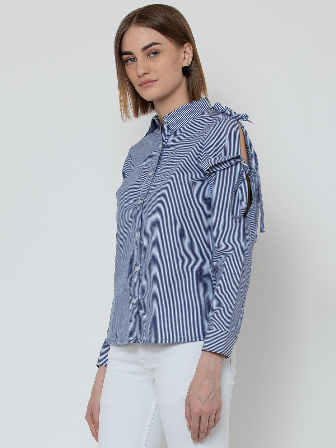 Blue Striped Cold Shoulder Shirt for Women with Tie Sleeve Detail