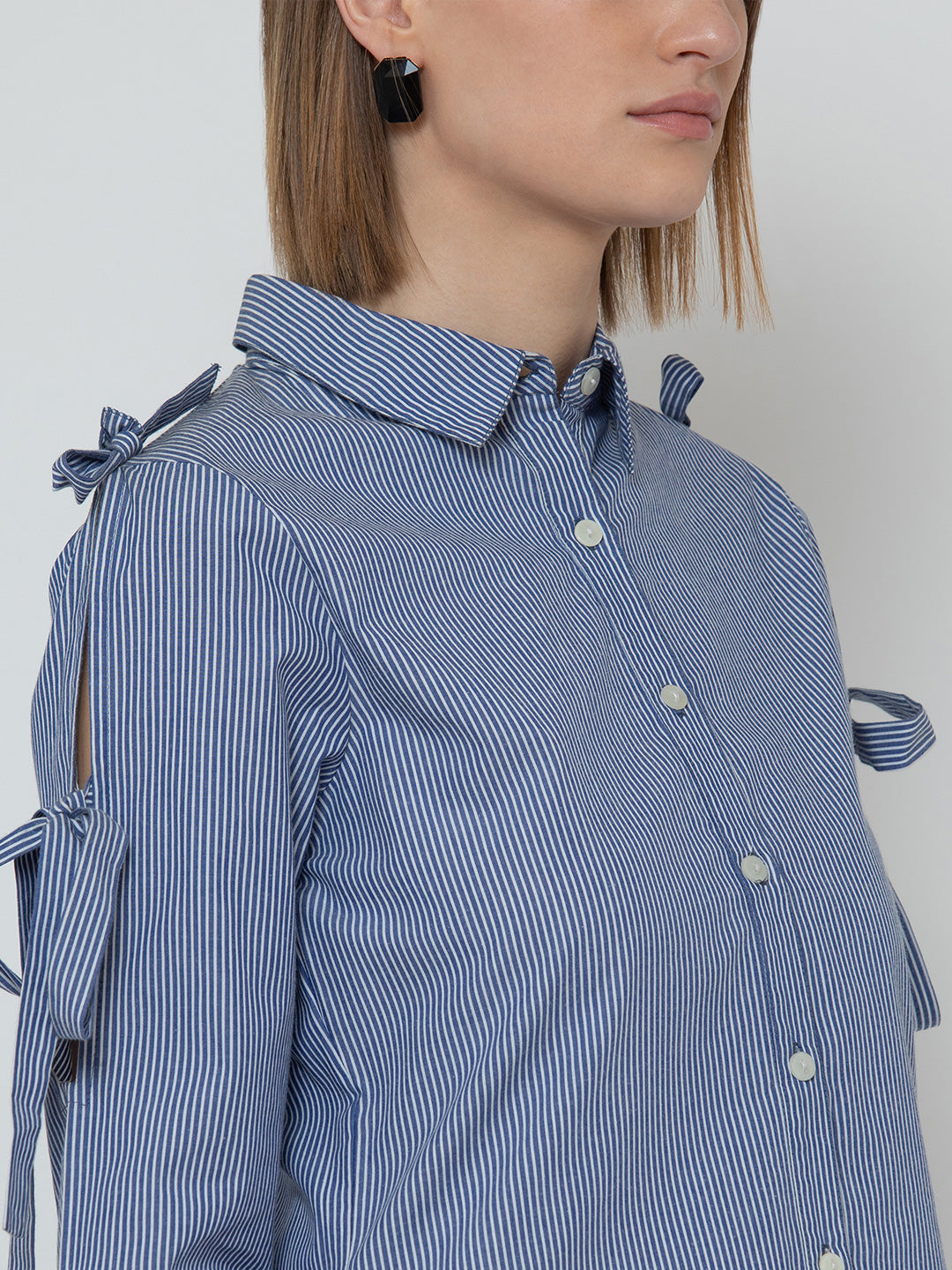 Blue Striped Cold Shoulder Shirt for Women with Tie Sleeve Detail