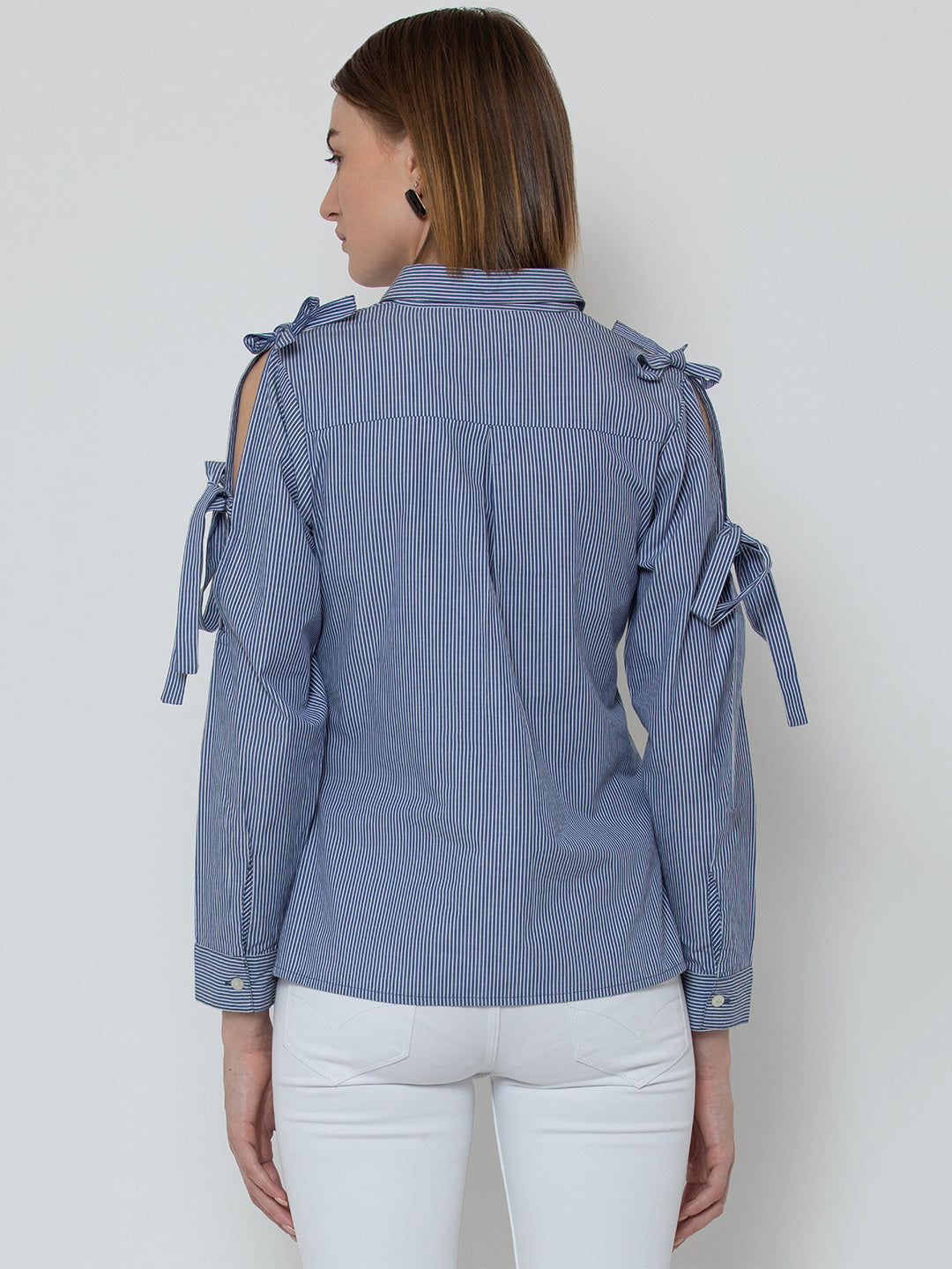 Blue Striped Cold Shoulder Shirt for Women with Tie Sleeve Detail