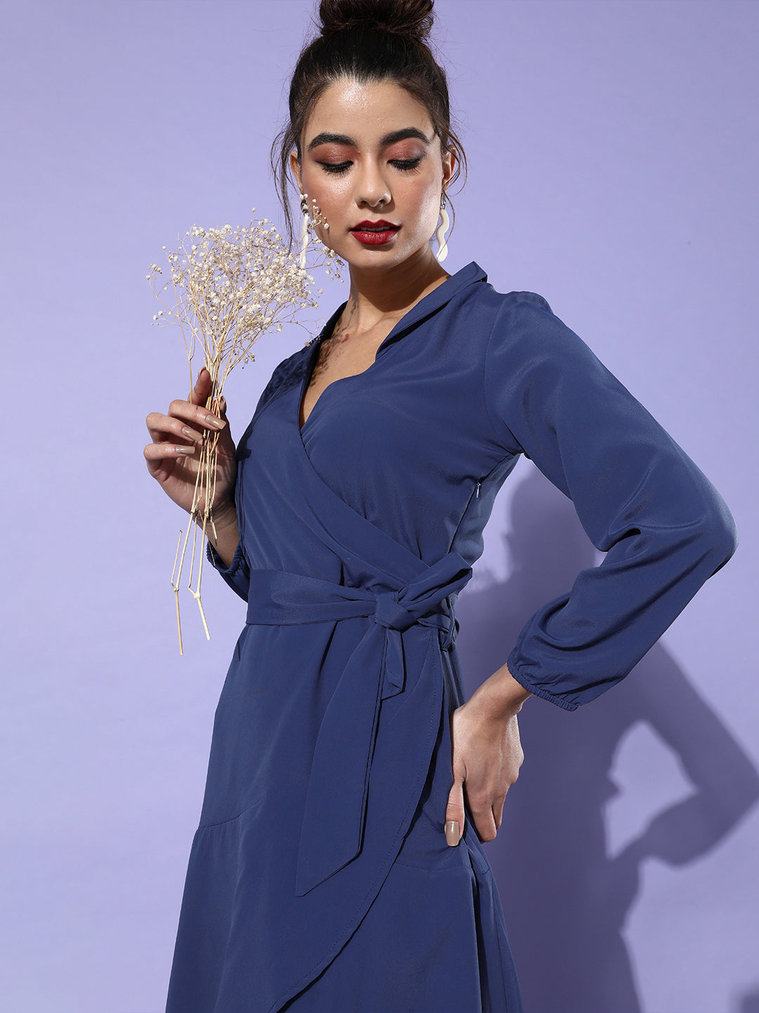 Solid Navy Blue Wrap Dress Elegant Long Sleeve Mini for Work & Evenings