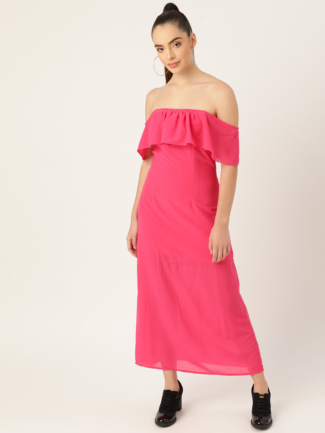 Women Pink Off Shoulder Ruffle Maxi Dress