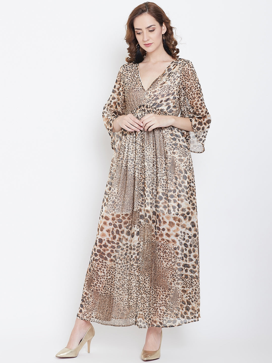 Animal Print Flowy Maxi Dress with Deep Neck and Bell Sleeves