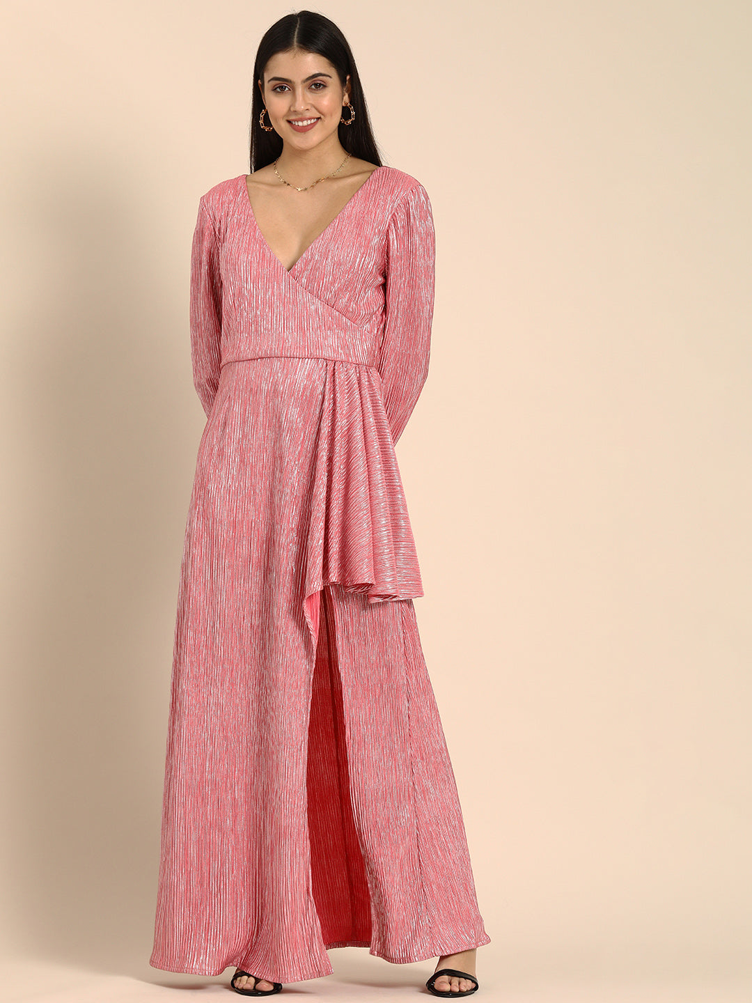 Pink Metallic Pleated Gown with Slit and Draped Detail