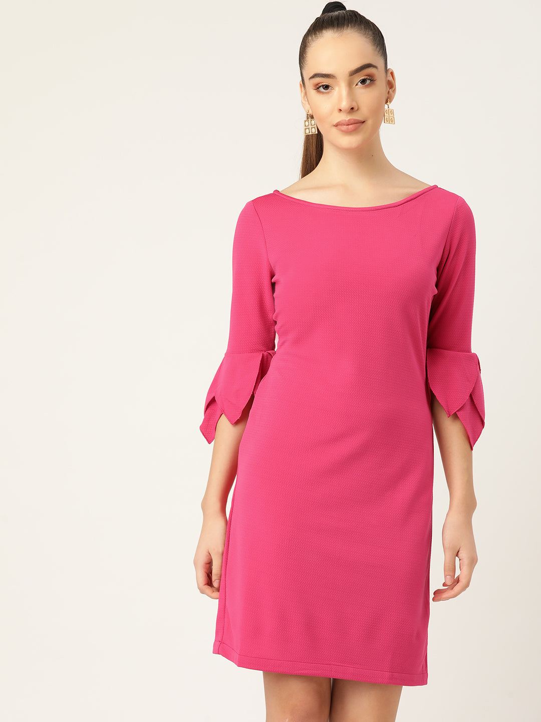 Pink Solid Shift Dress with Petal Sleeves