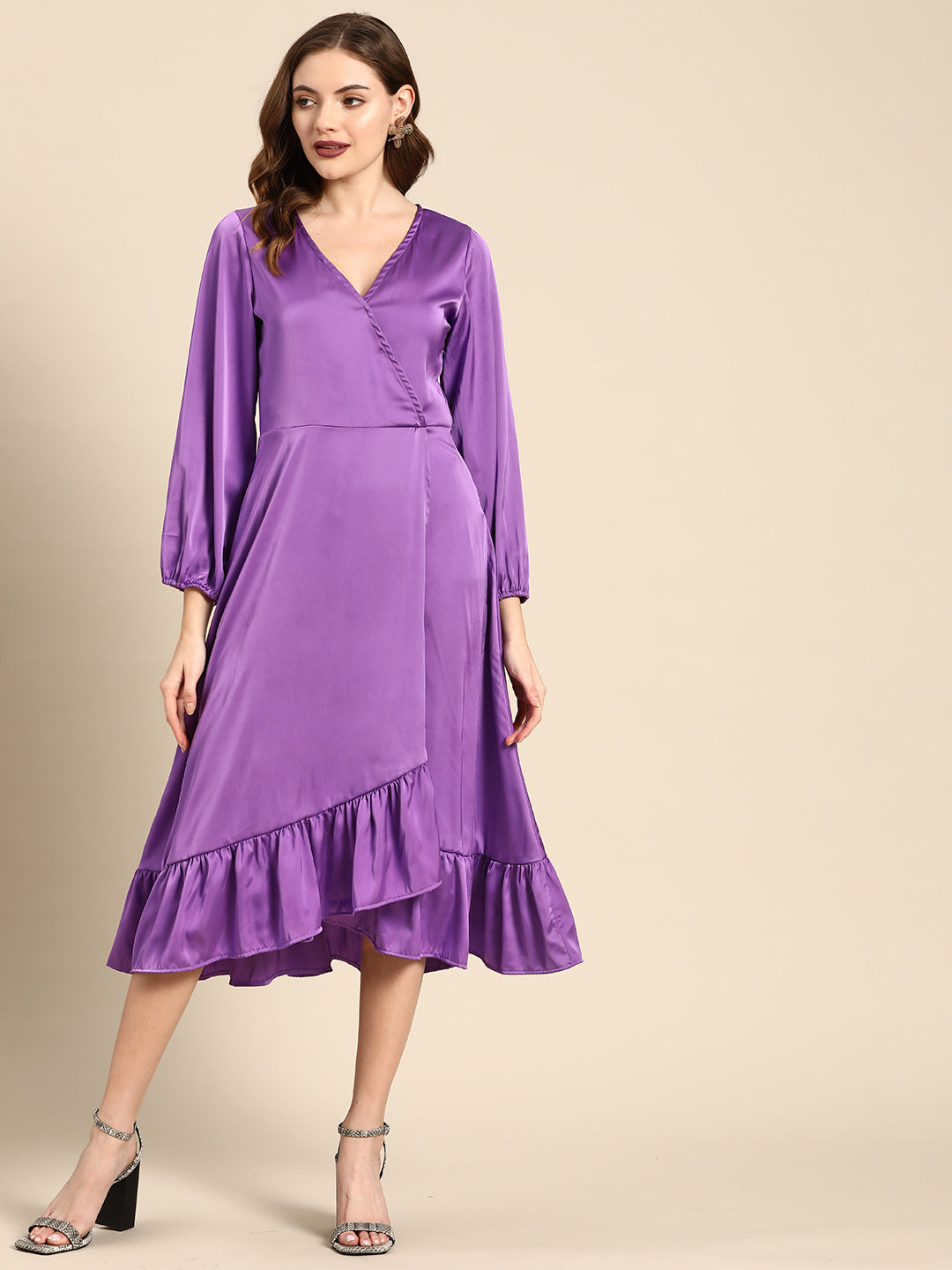 Purple Satin V-Neck Flounce Hem Midi Dress with Puff Sleeves