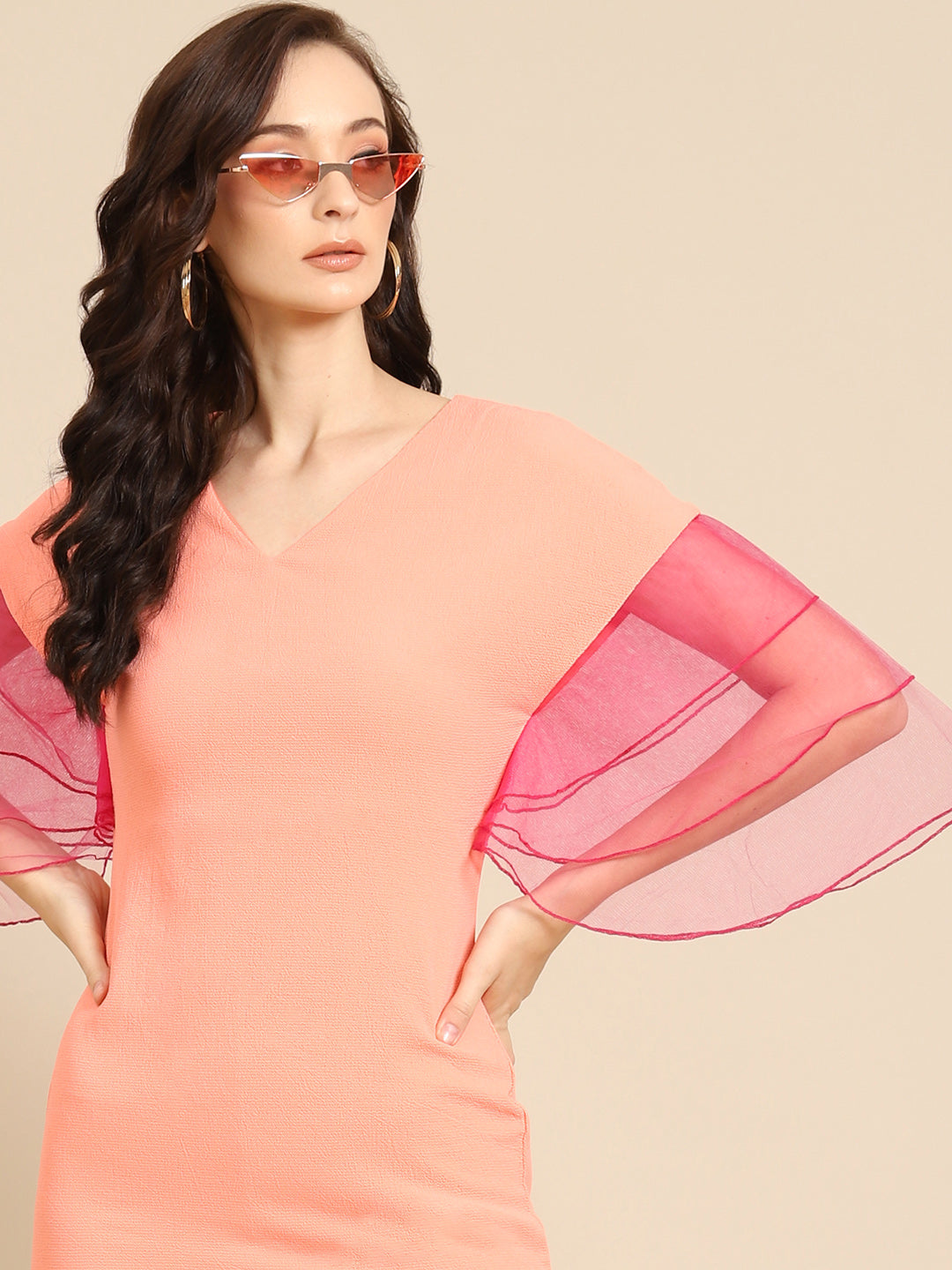 Peach Mini Dress with Pink Organza Ruffle Sleeves – Elegant & Trendy Casual Wear for Women