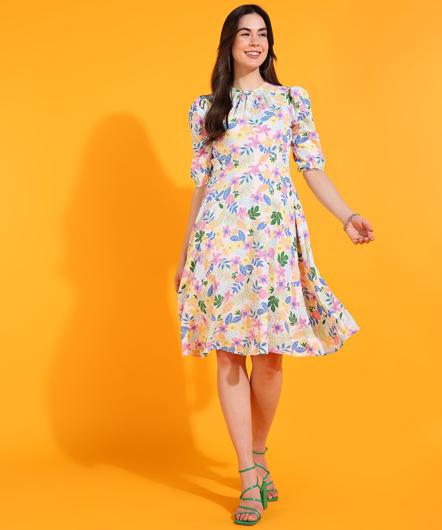 White Floral Print Midi Dress | Puff Sleeve Summer A-Line Dress