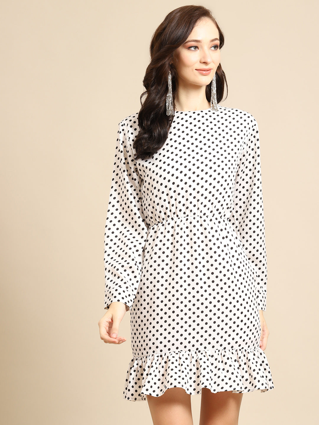 Elegant White Polka Dot Mini Dress for Women – Long Sleeve Ruffle Hem Casual Dress