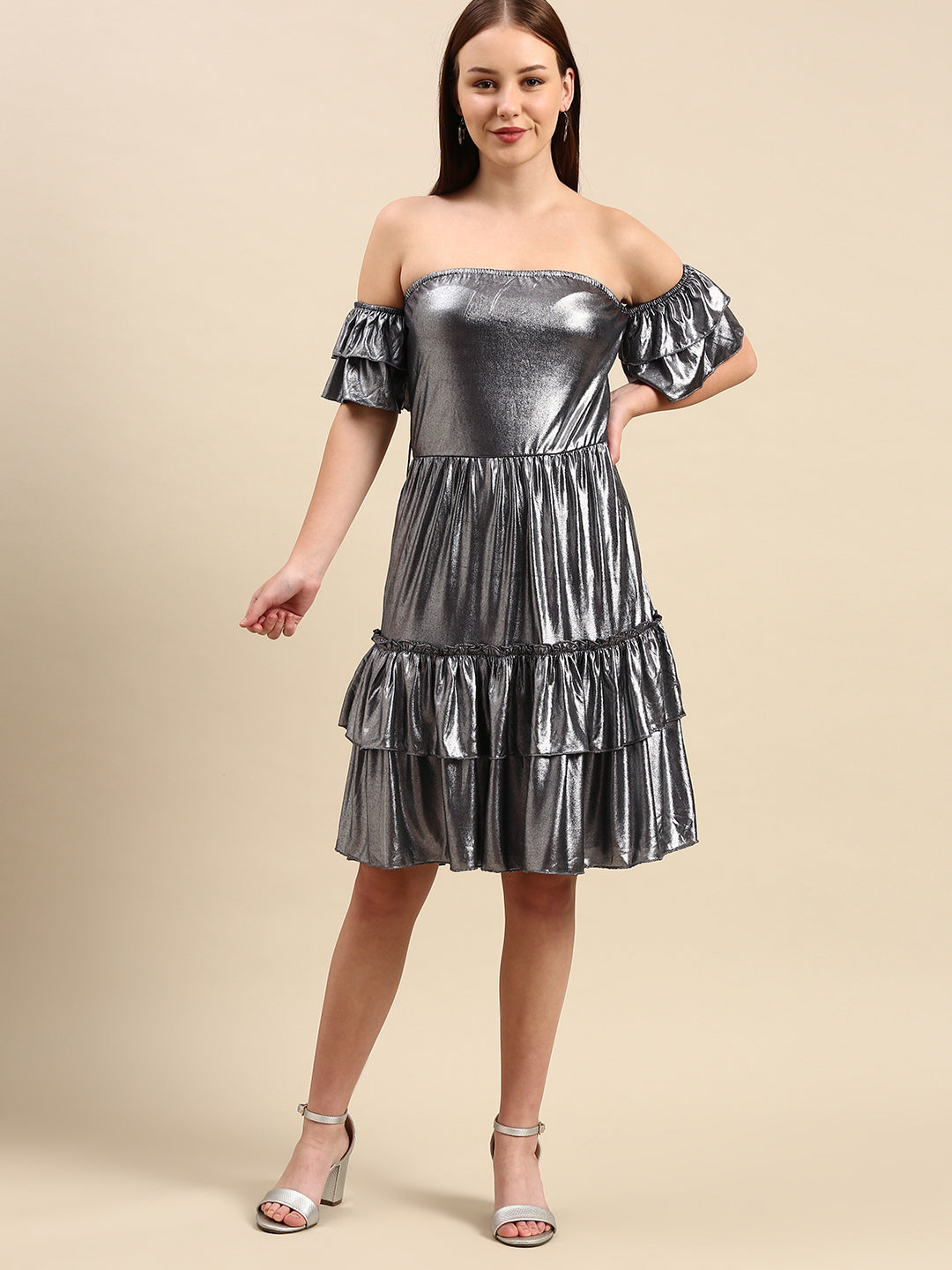 Metallic Silver Off-Shoulder Dress - Tiered Ruffles, Party Wear