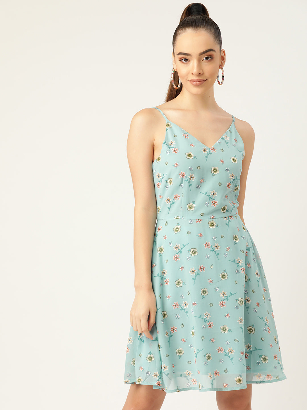 Blue Floral Print Spaghetti Strap A-Line Dress