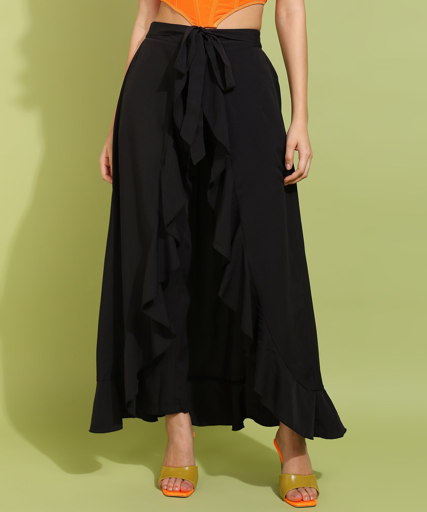 Black Ruffled High-Slit Maxi Skirt with Tie Waist – Elegant and Flowy