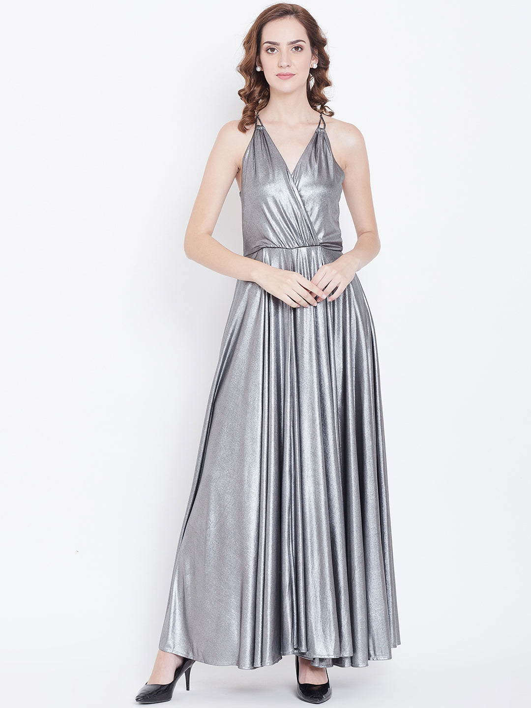 Silver Metallic Halter Neck Maxi Gown with Flared Dress