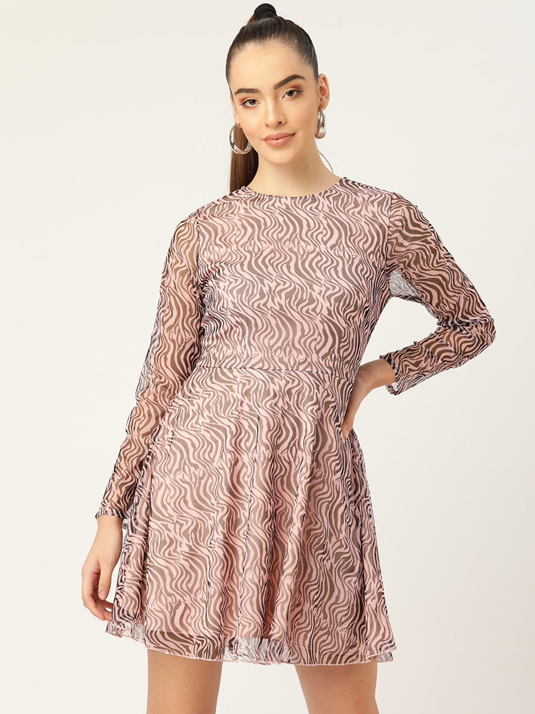 Trendy Animal Print Mesh Mini Dress for Women – Long Sleeve Party Wear Skater Dress