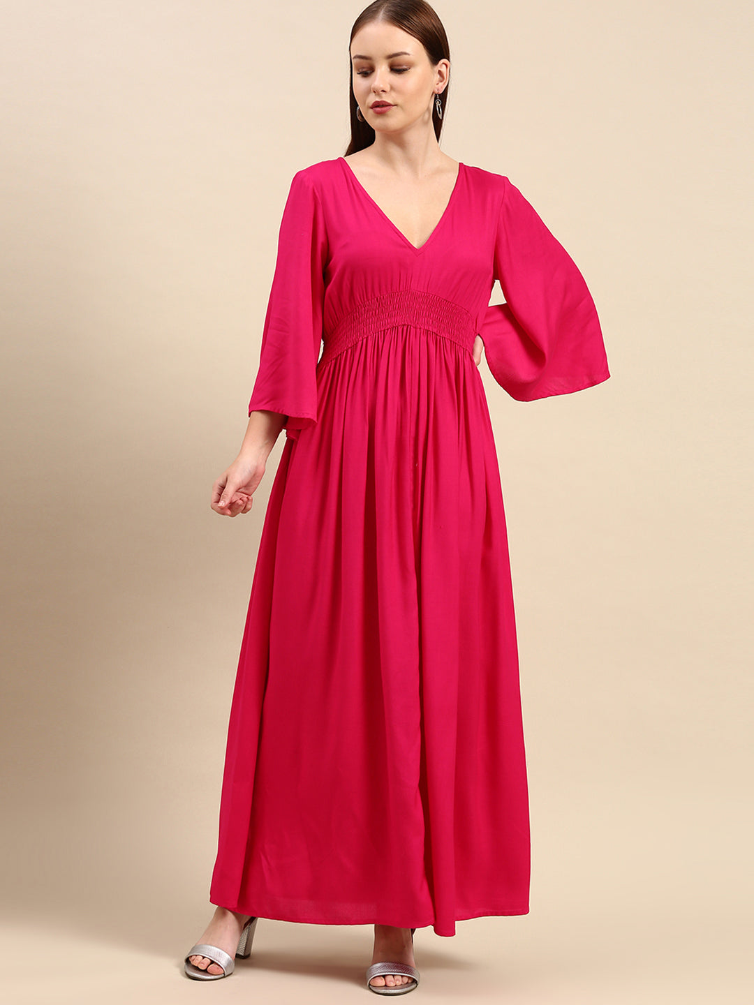 Hot Red Maxi Dress for Women - V-Neck, Flared Sleeves, Smocked Waist