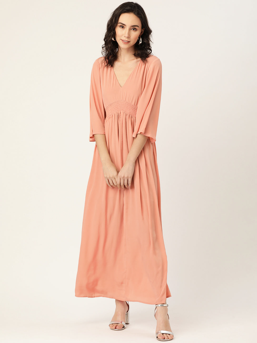 Peach V-Neck Maxi Dress with Flowy Sleeves for Women