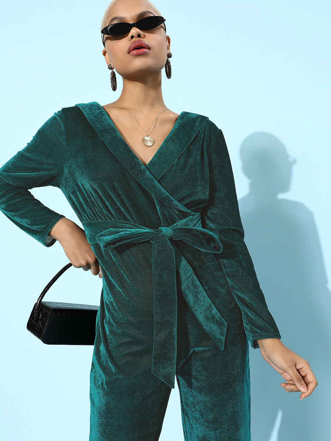 Green Velvet Wrap Jumpsuit with Belt for Women