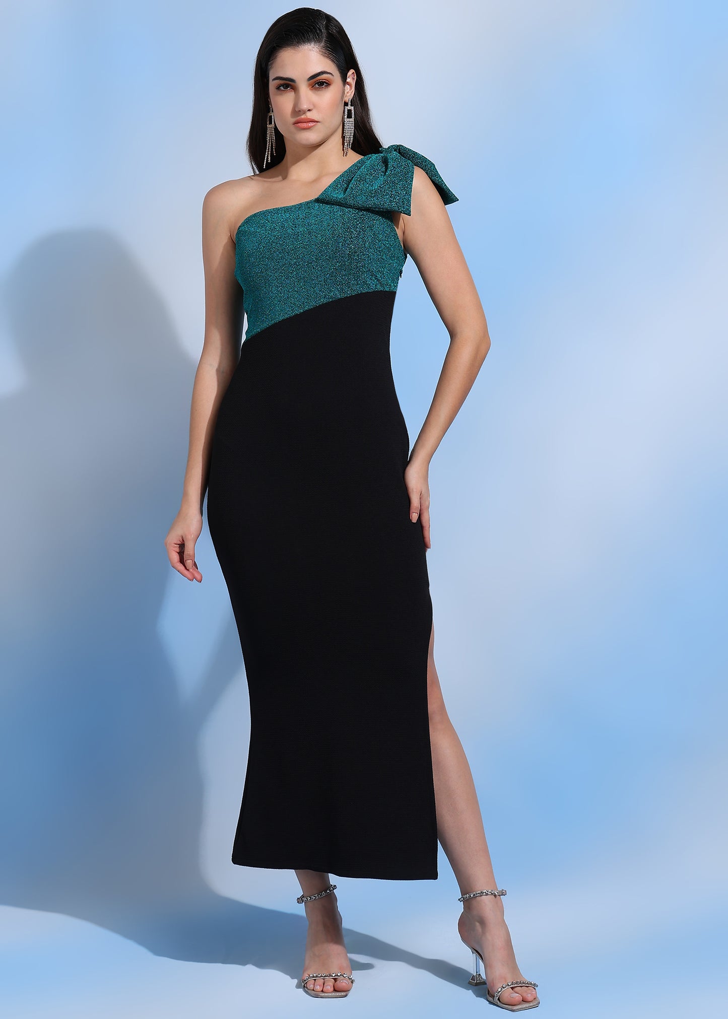 Women Green Glitter Color Block One Shoulder Sheath Dress with Side Slit