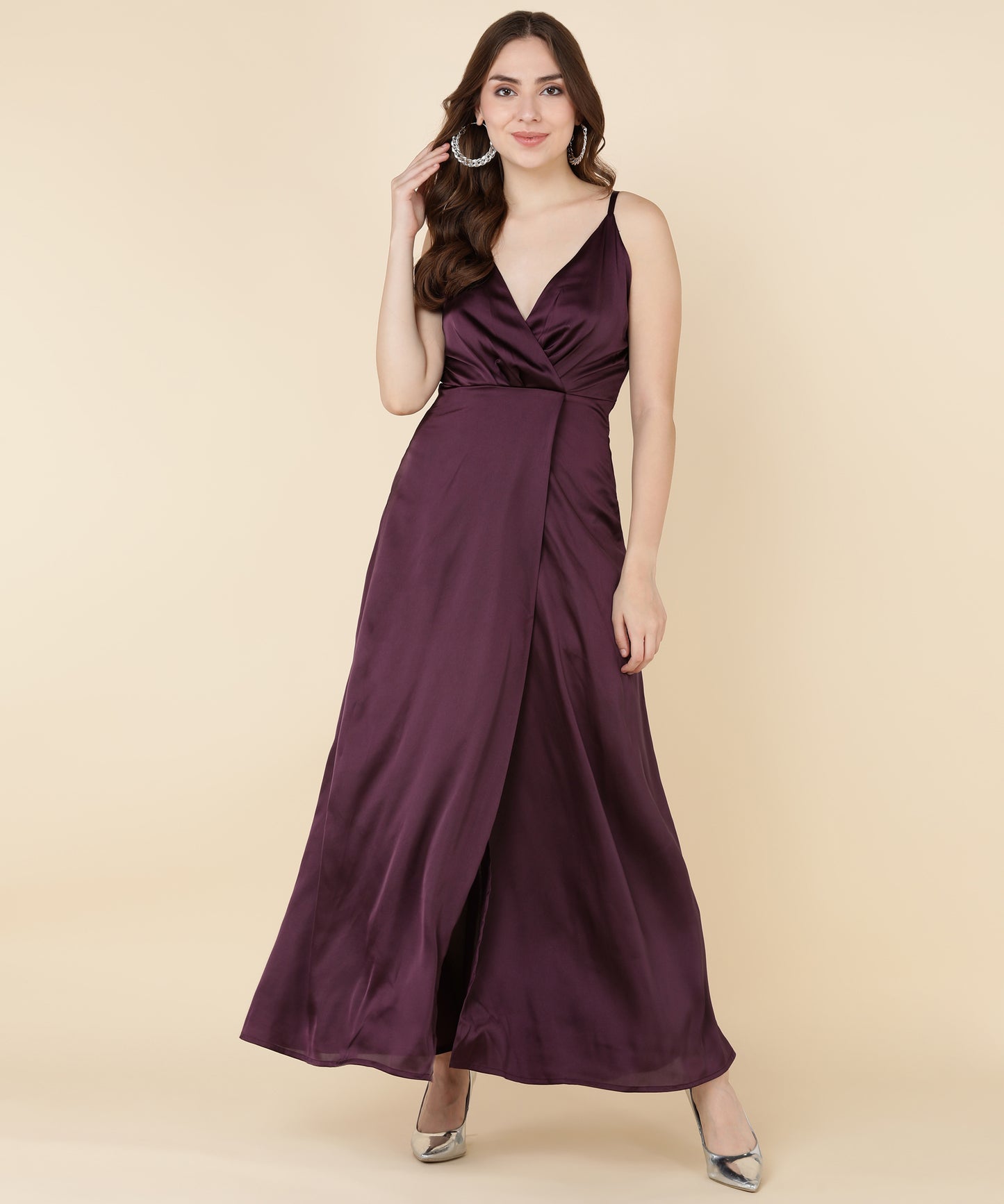 Glam Maroon Satin Wrap Gown Dress for Evening Party