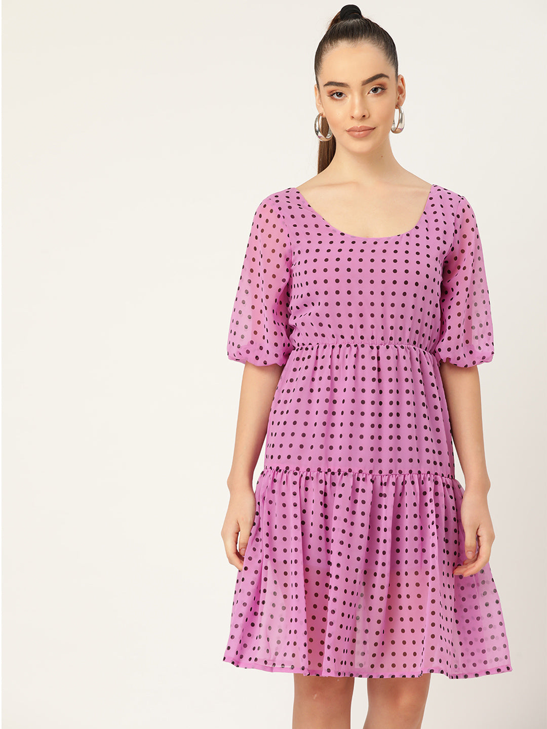 Trendy Lavender Polka Dot Puff Sleeve Mini Dress for Women