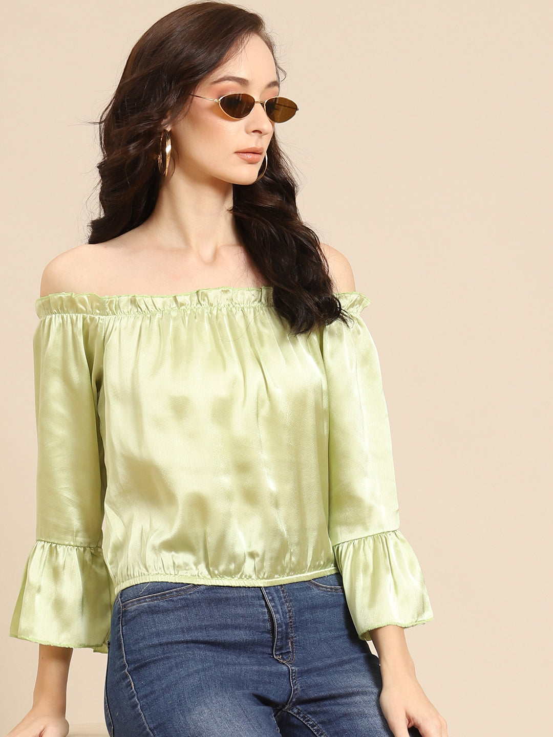 Light Green Off Shoulder Satin Top for Women | Flared Sleeve Stylish Blouse