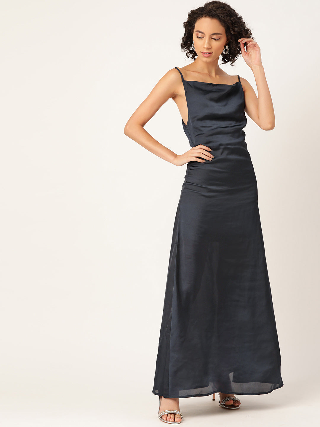 Elegant Black Satin Maxi Dress with Spaghetti Straps for Women