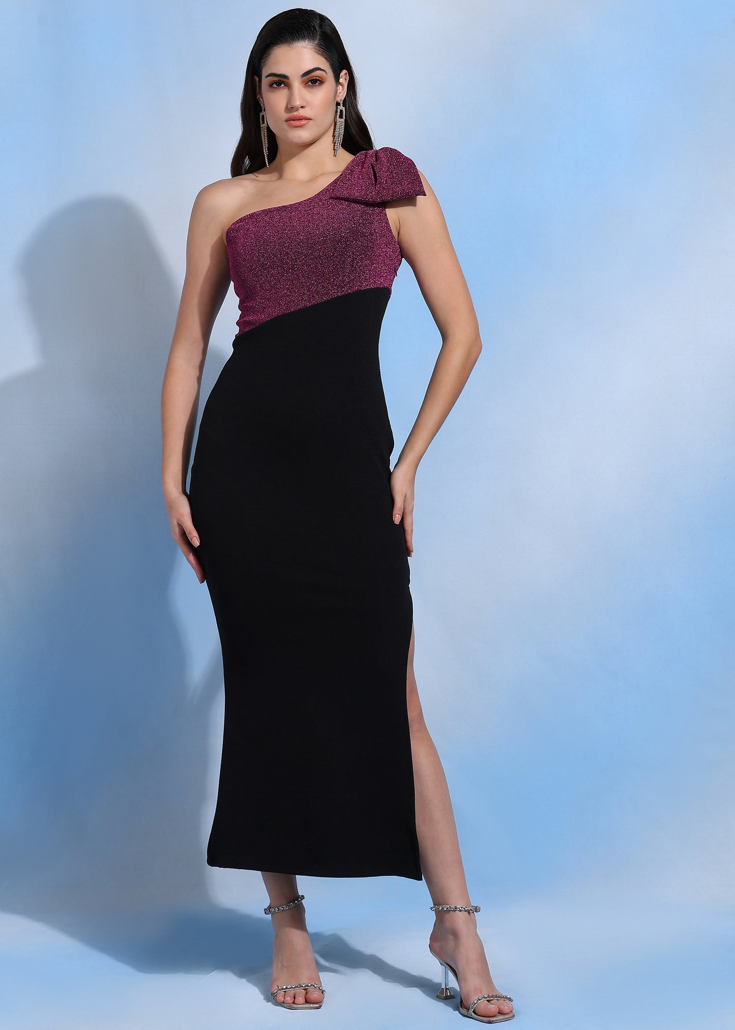Women Color Block One Shoulder Sheath Dress with Side Slit