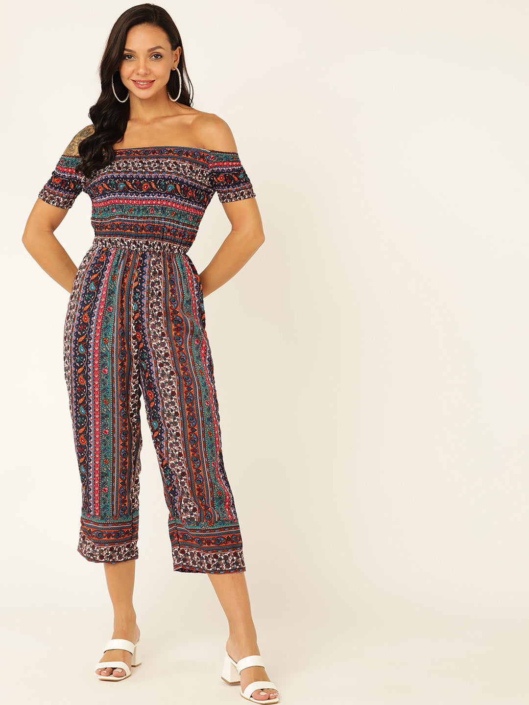 Boho Print Off-Shoulder Jumpsuit for Women – Casual & Vacation Wear