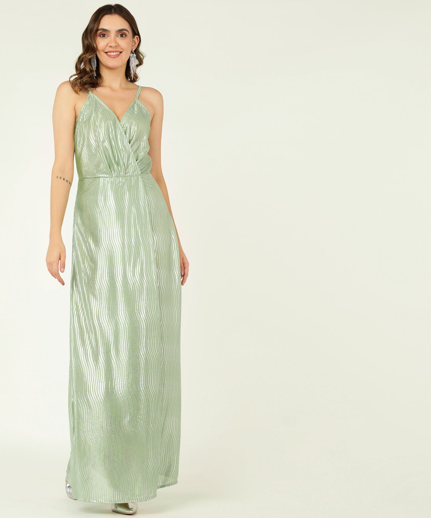 Mint Green Metallic Maxi Dress with Spaghetti Straps and Draped Neckline
