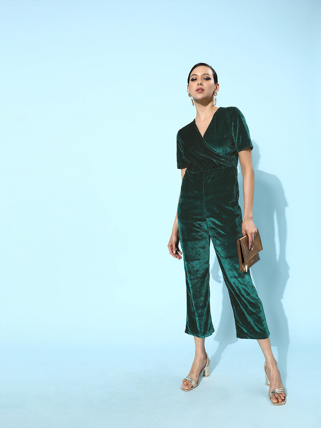 Emerald Green Velvet Short Sleeve Jumpsuit for Women