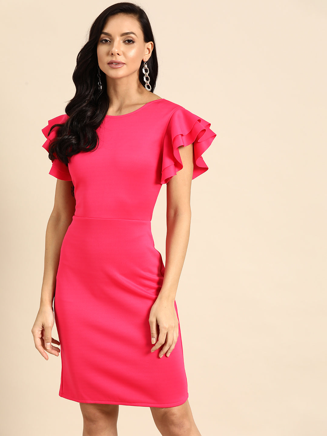 Fuchsia Pink Bodycon Dress for Women with Ruffle Sleeves – Elegant Western Wear for Parties & Events
