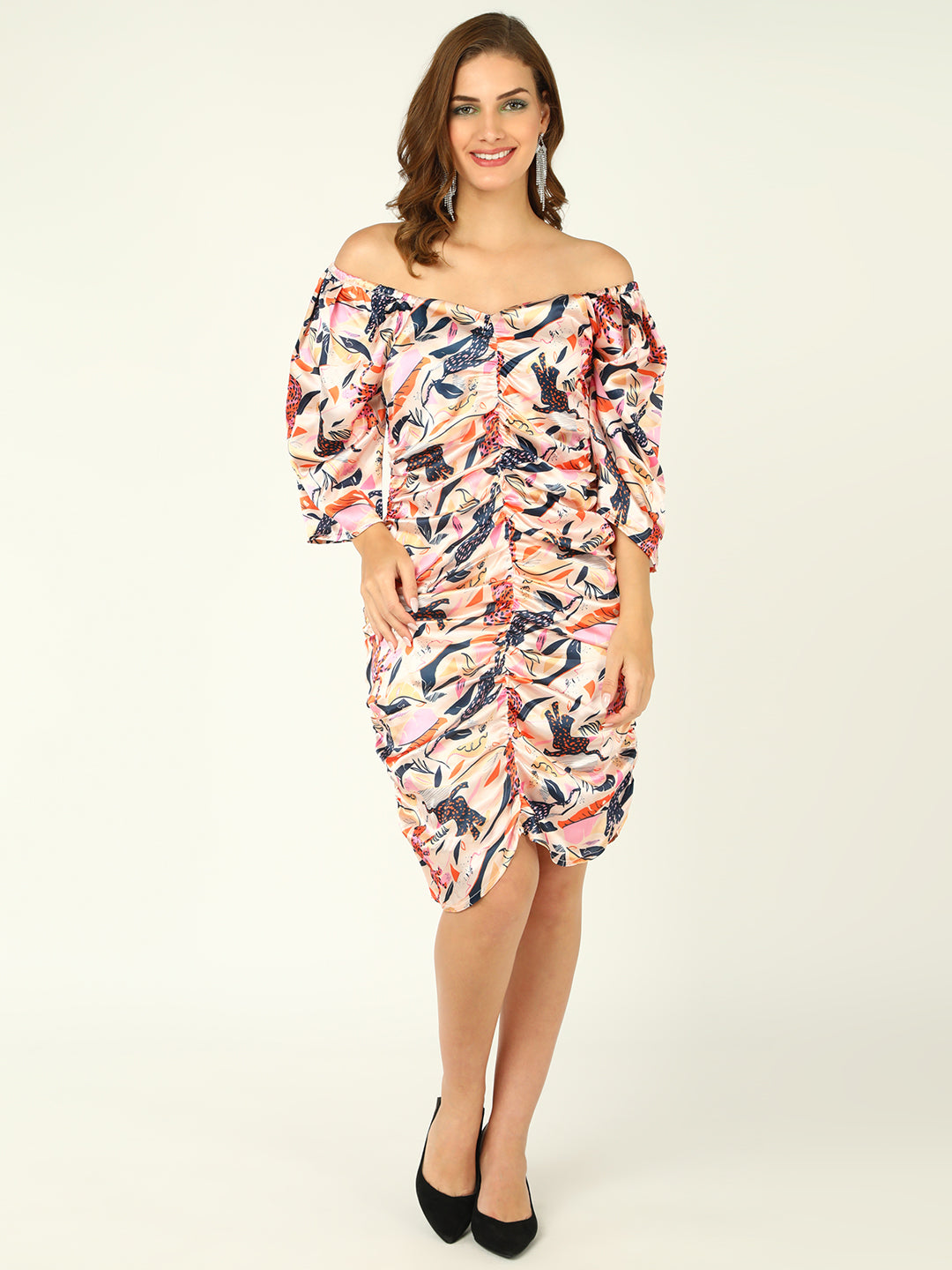 Floral Printed Off-Shoulder Ruched Bodycon Dress with Puff Sleeves