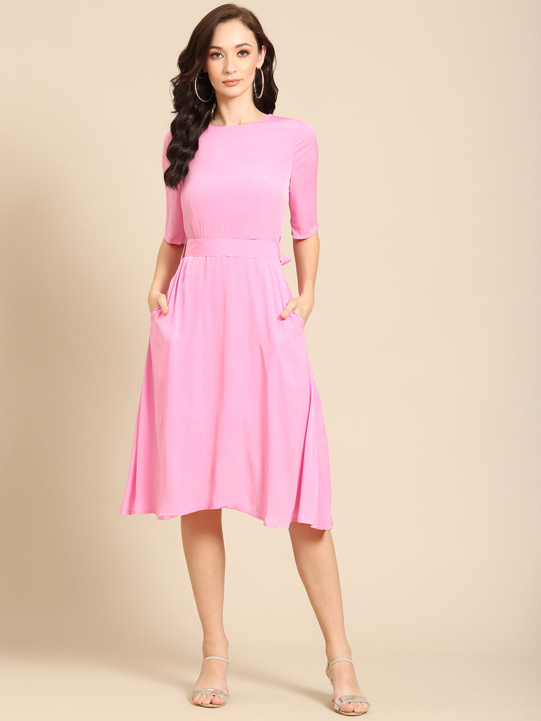 Elegant Pink Fit and Flare Midi Dress with Half Sleeves for Women