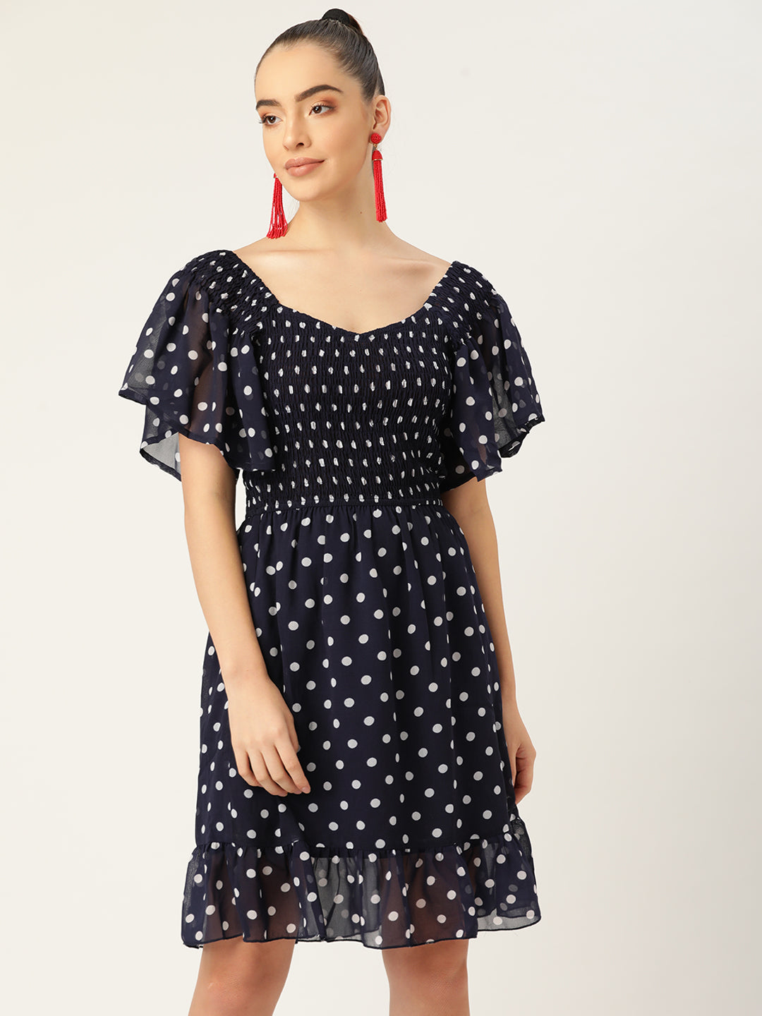 Women Navy Blue Polka Dot Smocked Short Dress