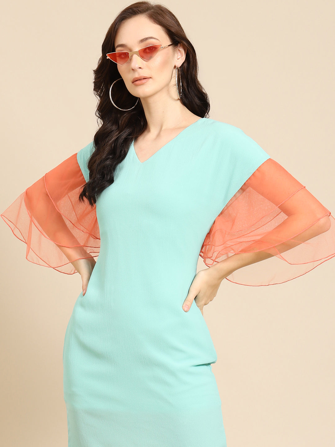 Mint Green Mini Dress with Orange Organza Ruffle Sleeves – Trendy Casual & Party Wear for Women