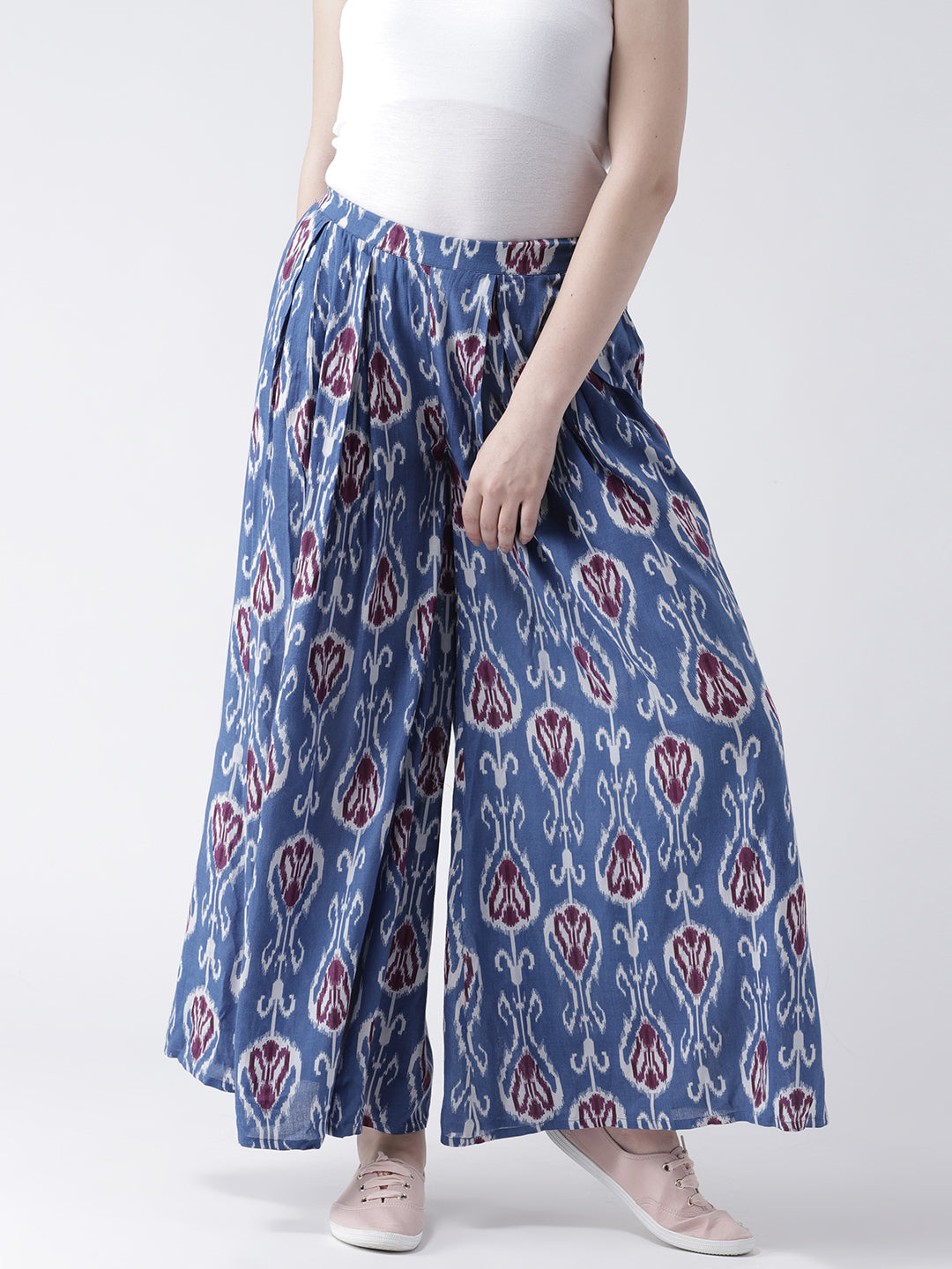 Women's Indigo Blue Ikat Printed Wide-Leg Trousers – Casual Ethnic Cotton Pants