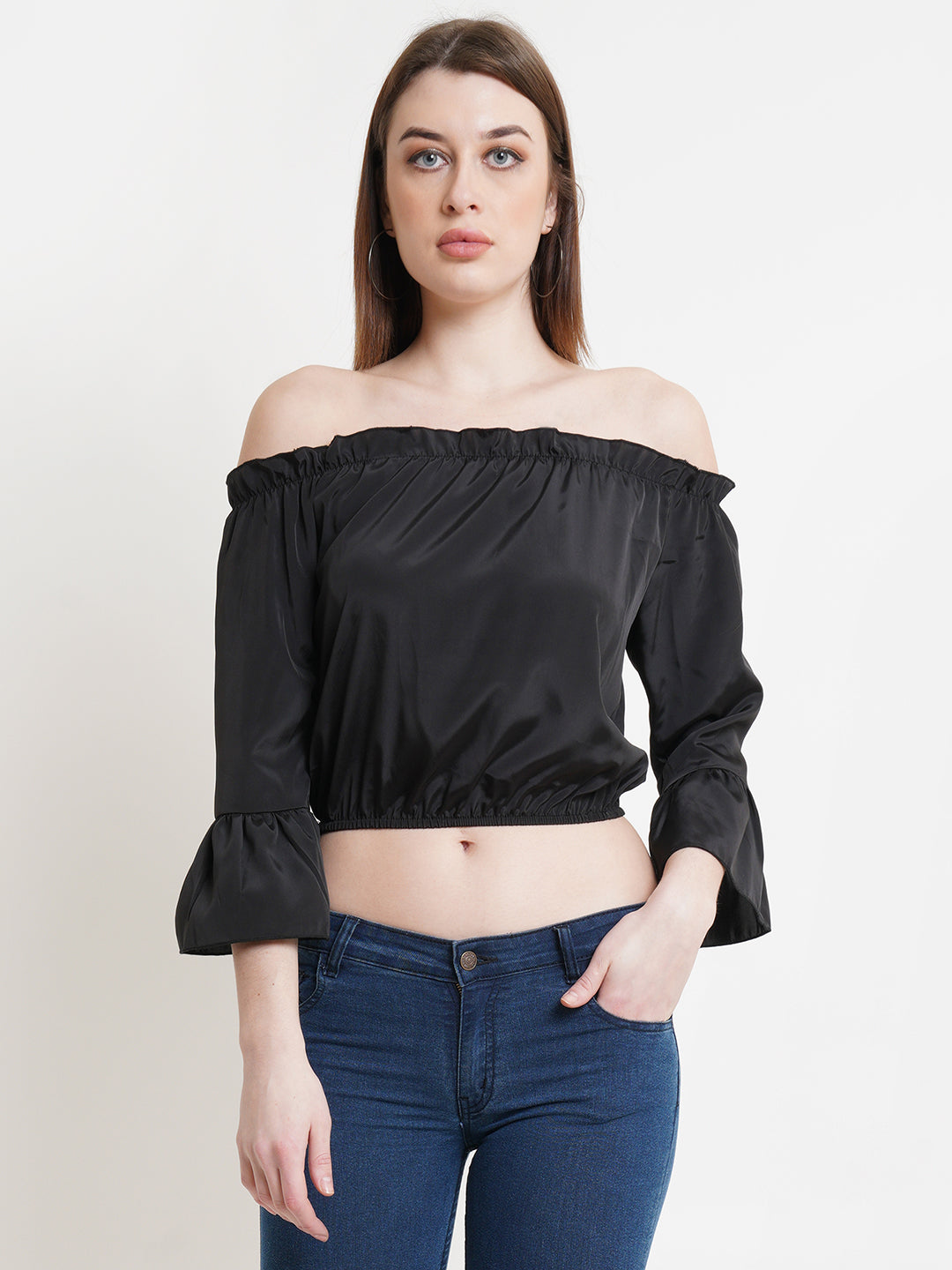 Women's Black Off-Shoulder Satin Crop Top with Flared Sleeves