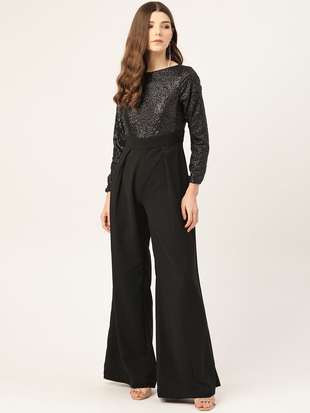 Elegant Black Sequin Top and High-Waisted Wide-Leg Pants Jumpsuit for Women