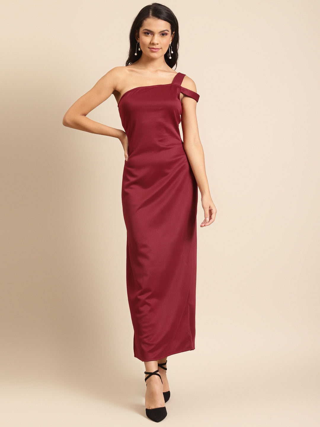 Maroon One-Shoulder Satin Maxi Dress for Women | Elegant Party Gown