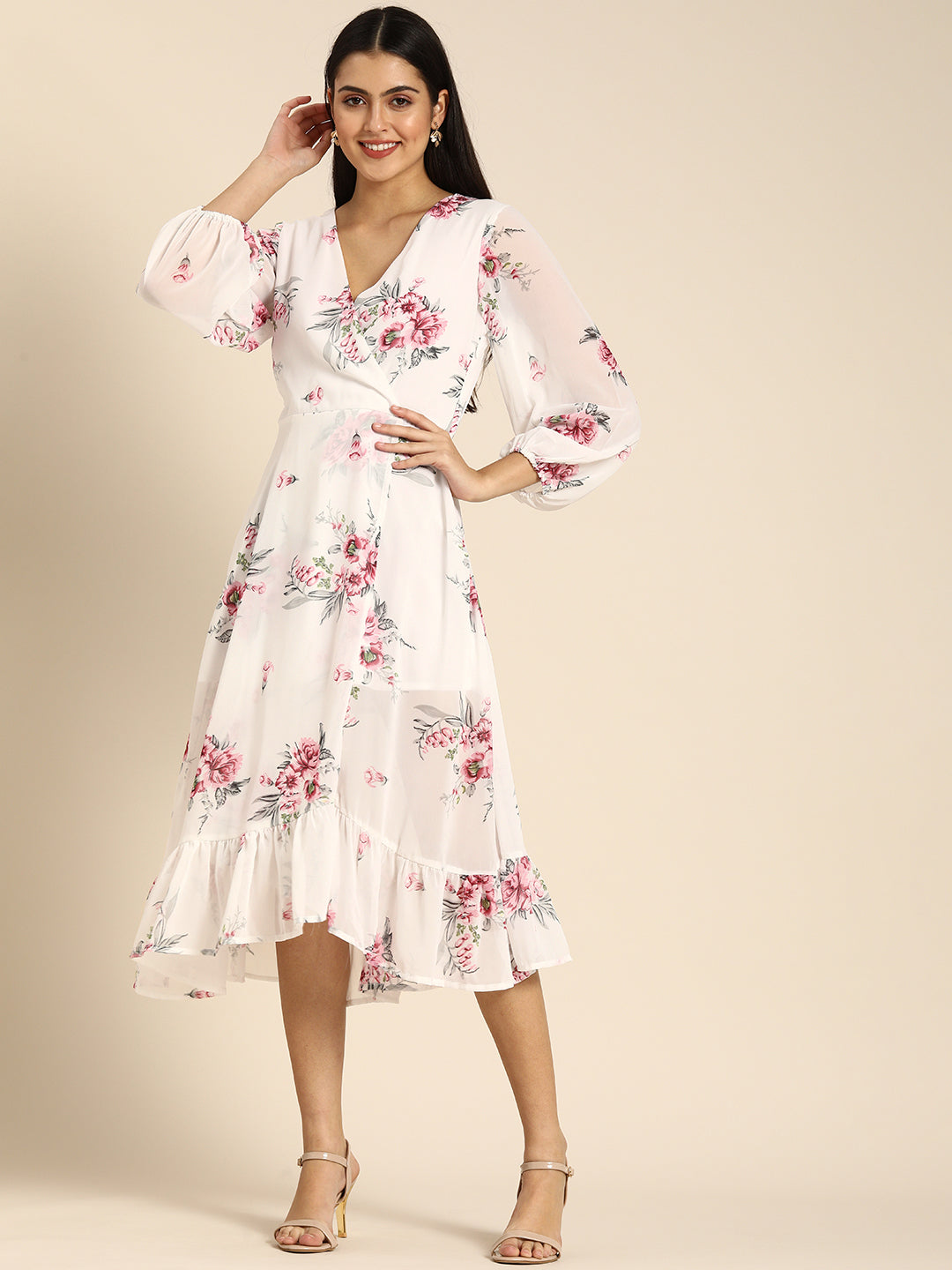 Chic White Floral Midi Dress with Puffy Sleeves & Ruffle Hem Elegant Summer Look