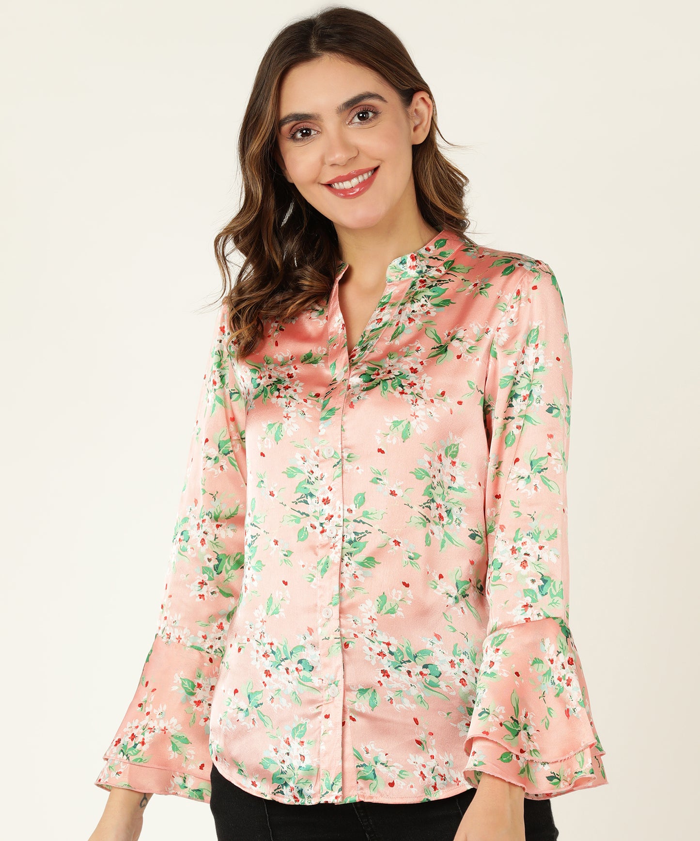 Women's Pink Floral Printed Satin Shirt with Flared Sleeves