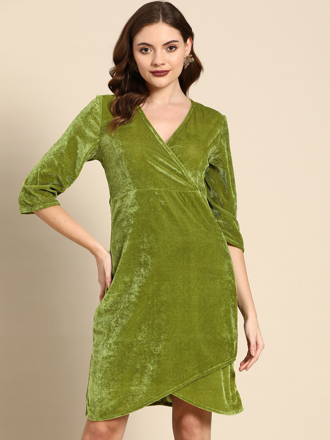 Elegant Green Velvet Wrap Dress for Women β Party Wear Dress with 3/4 Sleeves & Asymmetric Hem