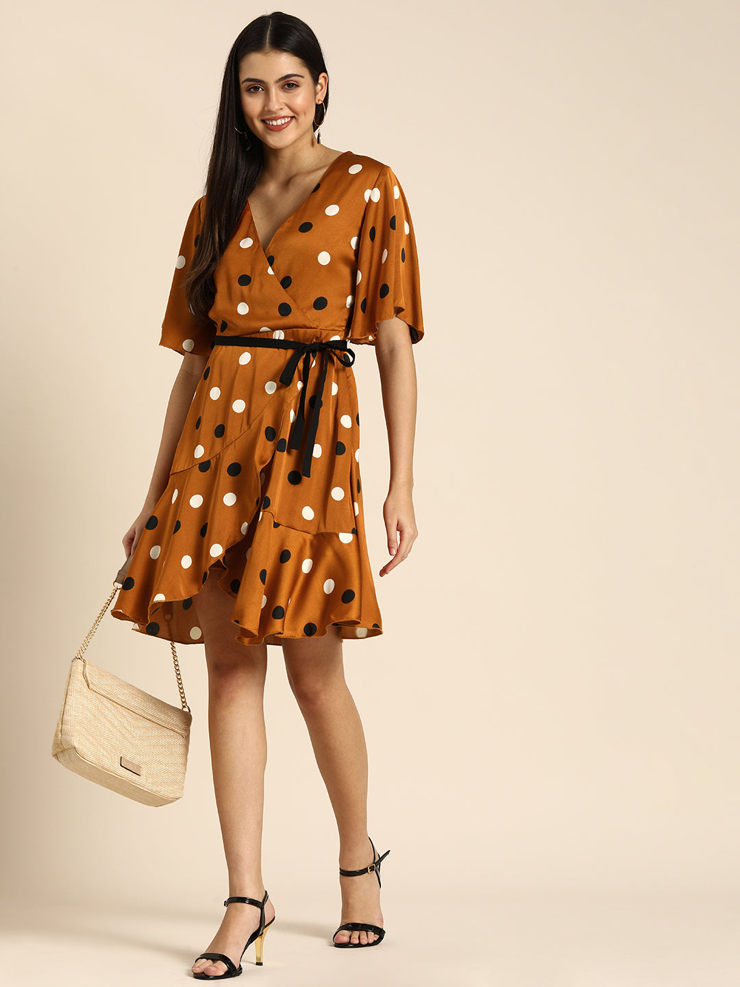 Brown Polka Dot Wrap Mini Dress with Flared Sleeves & Tie Waist Retro Chic Look