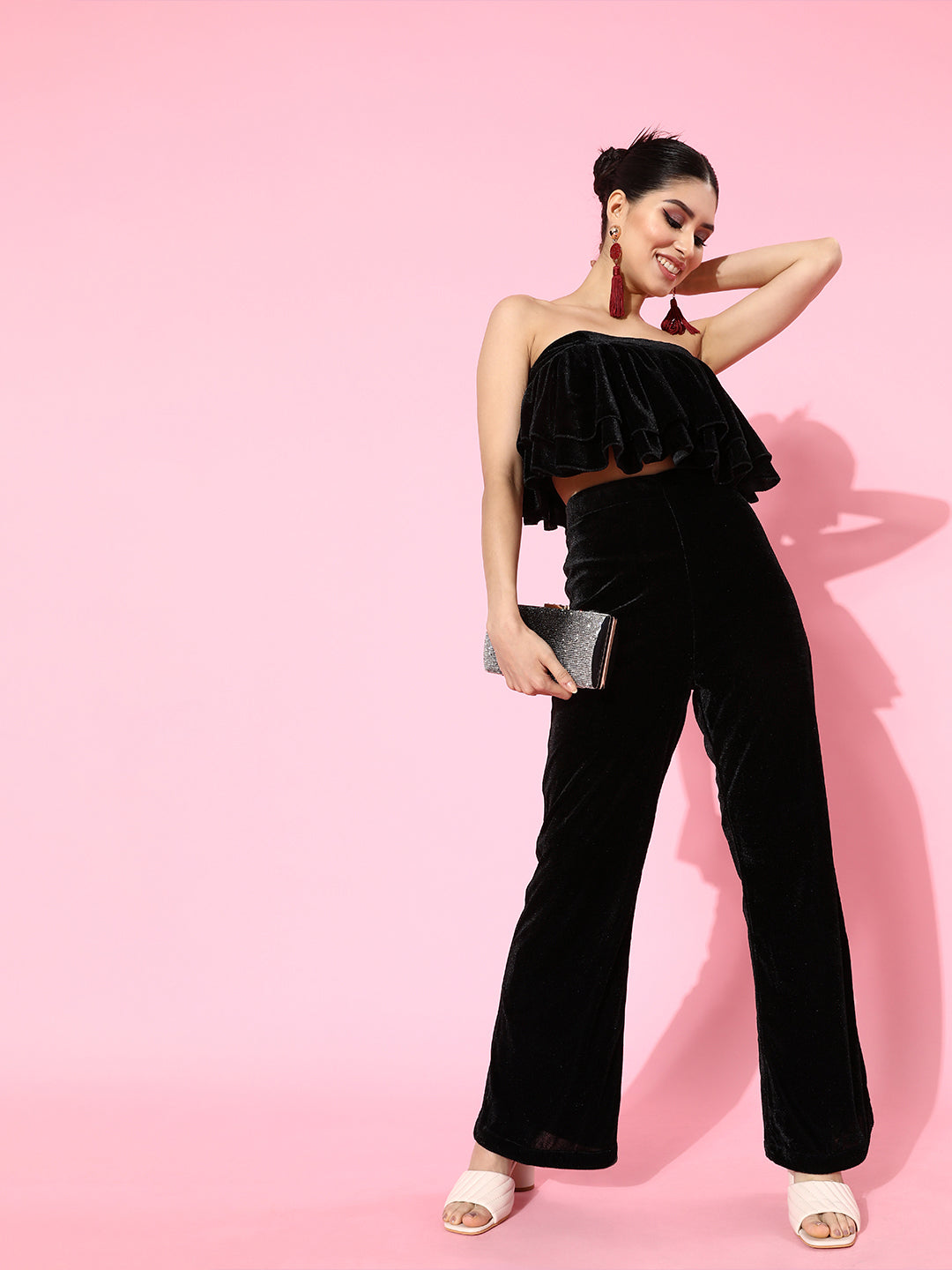 Chic Black Velvet Strapless Jumpsuit with Ruffled Detail – Fashion-Forward & Trendy